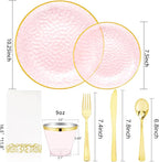 DaYammi 350 Pcs Clear Pink Plastic Plates, Hammered Disposable Dinnerware, Pink Plates Set Include 100 Plastic Platos, 150 Gold Disposable Silverware, 50 Cups And 50 Napkins for Mother's Day Party