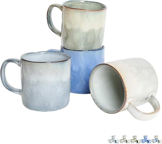 Bosmarlin Ceramic Coffee Mug Set of 4, 14 Oz, Coffee Cups with Big Handle, Microwave Safe, Unique Reactive Glaze (Multicolor, 14 Oz)