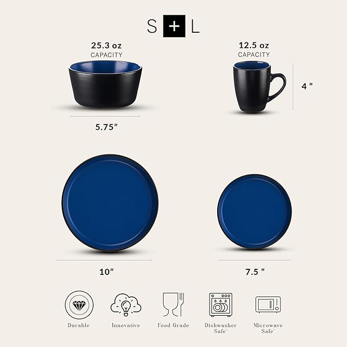Stone Lain Albie Stoneware 16-Piece Modern Dinnerware Set, Kitchen Plates and Bowls Sets, Service for 4, Blue and Black, Microwave & Dishwasher Safe