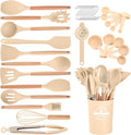 Kitchen Utensils Set - 34 PCS Non-Stick Silicone Cooking Utensils Set Spatula Set with Holder, Wooden Handle Spoon,Brush,Whisk Kitchen Gadgets Tools Set for Nonstick Cookware (Khaki-34P)