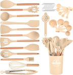 Kitchen Utensils Set - 34 PCS Non-Stick Silicone Cooking Utensils Set Spatula Set with Holder, Wooden Handle Spoon,Brush,Whisk Kitchen Gadgets Tools Set for Nonstick Cookware (Khaki-34P)