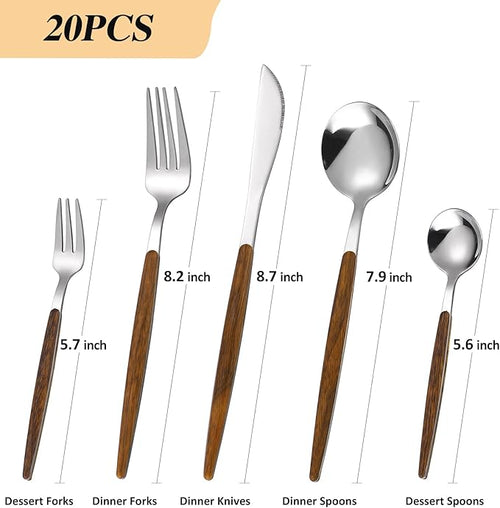 20-Piece Silverware Set with Cake Fork, Stainless Steel Flatware Cutlery Set for 4, Tableware Eating Utensils Set with Wooden effect Handle, Include Knife Fork Spoon, Mirror Finish, Dishwasher Safe