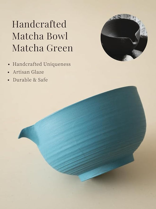 6-pcs Japanese Matcha Whisk Set, Handmade Ceramic Matcha Set with Bowl(Chawan),Bamboo Whisk(Chasen) and Holder, Scoop, Sifter & Tea Towel,Matcha Kit for Ceremony(Clear Sky Blue)