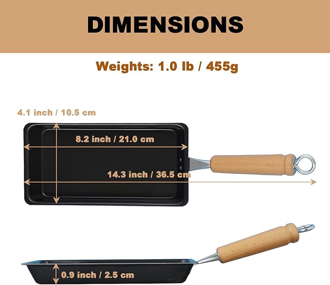 KAKUSEE Long Slim Tamagoyaki Omelette Mini Frying Pan - Iron Construction, Suitable for Gas and IH Cookers, with Wooden Handle - Made in Japan