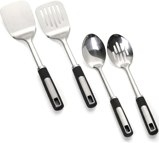 Stainless Steel Cooking Spoon Set, Heavy-Duty Thickened Cooking Utensils – Solid & Slotted Turner, Solid & Slotted Spoon, Metal Spatula Set for Kitchen