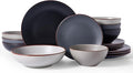 Famiware Venus Speckled Dinnerware Set with Pasta Bowls for 4 (16 Pieces), Stoneware Plates and Double Bowls, Assorted Colors - Microwave & Dishwasher Safe Dishes with Trim for Everyday & Formal Use