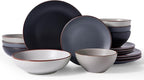 Famiware Venus Speckled Dinnerware Set with Pasta Bowls for 4 (16 Pieces), Stoneware Plates and Double Bowls, Assorted Colors - Microwave & Dishwasher Safe Dishes with Trim for Everyday & Formal Use