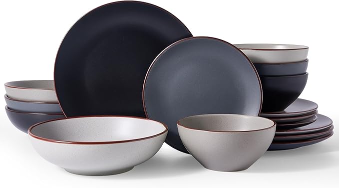 Famiware Venus Speckled Dinnerware Set with Pasta Bowls for 4 (16 Pieces), Stoneware Plates and Double Bowls, Assorted Colors - Microwave & Dishwasher Safe Dishes with Trim for Everyday & Formal Use