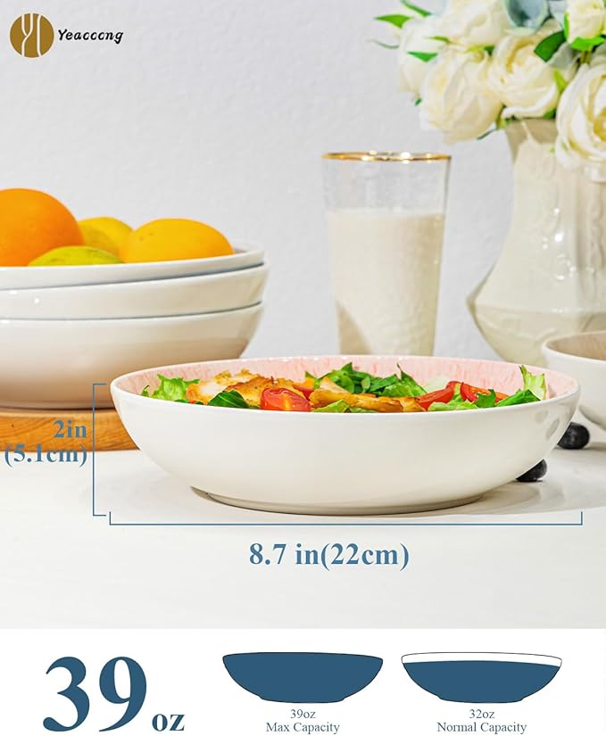 Yeacccng Pasta Bowls Set of 6, 8.7 Inch 39 Oz Colorful Reactive Glaze Ceramic Bowls, Modern Farmhouse Style, Lead-Free Cadmium-Free, Dishwasher Microwave Oven Safe, Scratch-Resistan (Blue)