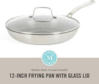 Martha Stewart Badgley Hybrid Nonstick 12 Inch TriPly Stainless Steel Large Fry Pan With Lid & Stay Cool Handle - Laser Etched Non-Toxic Perfect Sear Nonstick Skillet - Dishwasher and Induction Safe