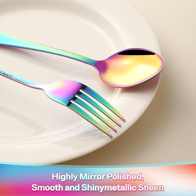 12 Pieces Spoons and Forks Set,Food Grade Stainless Steel Flatware Cutlery Set,6 Forks and 6 Spoons Silverware Set for Home,Kitchen,Restaurant-Mirror Polished & Dishwasher Safe(Rainbow)