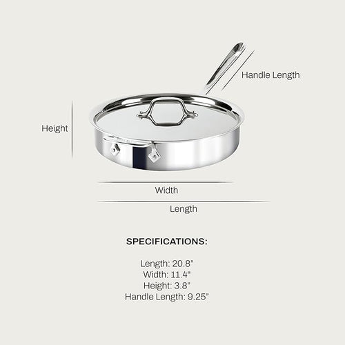 All-Clad D3 3-Ply Stainless Steel Sauté Pan with Lid & Handle 3 Quart, Induction, Oven Broiler Safe 600F, Multi-Cooktop, Deep Frying Pan, Everyday Pan, Skillet, Pots and Pans, Cookware, Kitchen Silver