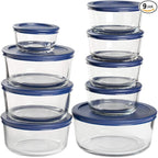 Anchor Hocking 18 Piece Glass Storage Containers with Lids (9 Glass Food Storage Containers & 9 Navy Blue SnugFit Lids)