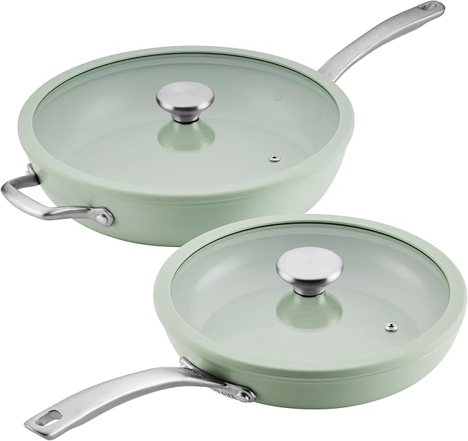 Circulon Halo with LaserDefense Ceramic Nonstick 10 Inch and 12 Inch Frying Pans with Lids, Made without PFAS, Compatible with All Stovetops, Dishwasher and Oven Safe, 4 Piece Cookware Set - Sage