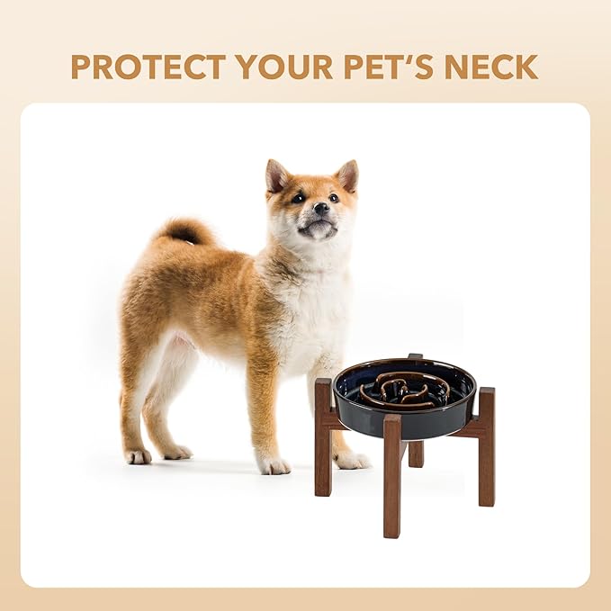 Havniva Ceramic 1.2 Cup Raised Slow Feeder Dog Bowl Set, Elevated Acacia Wood Stand for Medium and Small Dog, 7.3inch Slow Dish, Stop Bloat(Single Bowl+ Stand, Starry Sky)