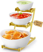Lifewit 3 Tier Plastic Serving Bowls with Gold Metal Stand, Chips and Dip Serving Tray Set for Entertaining Party, Crack-Proof Serving Platters for Fruit/Snack/Candy, 31 x 20 x 27 cm/12 x 8 x 10.6