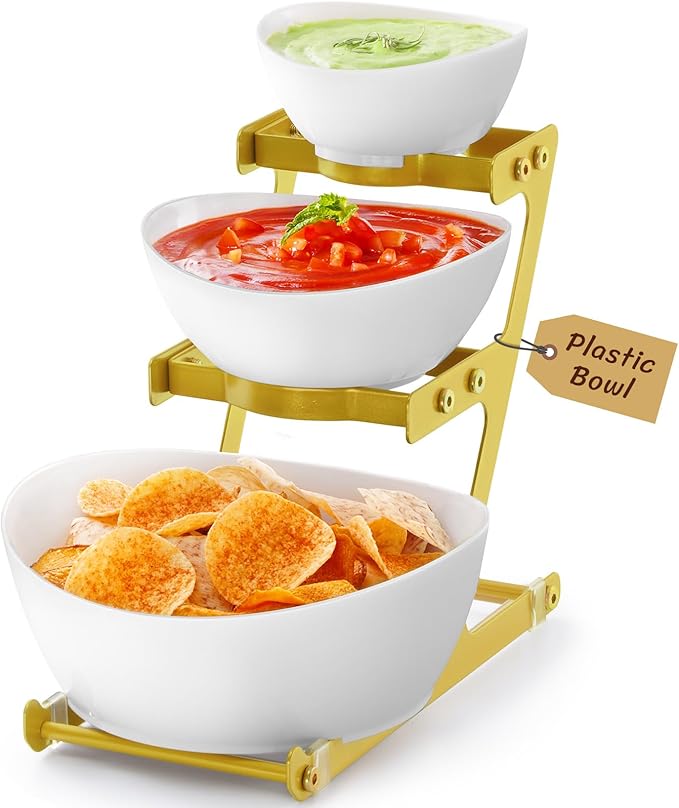 Lifewit 3 Tier Plastic Serving Bowls with Gold Metal Stand, Chips and Dip Serving Tray Set for Entertaining Party, Crack-Proof Serving Platters for Fruit/Snack/Candy, 31 x 20 x 27 cm/12 x 8 x 10.6