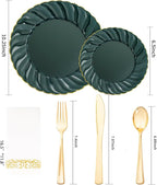 YOUBET 150PCS Emerald Green Plastic Plates - Green and Gold Disposable Dinnerware Include 50 Plates, 25 Knives, 25 Forks, 25 Spoons, 25 Napkins Ideal for Party & Wedding
