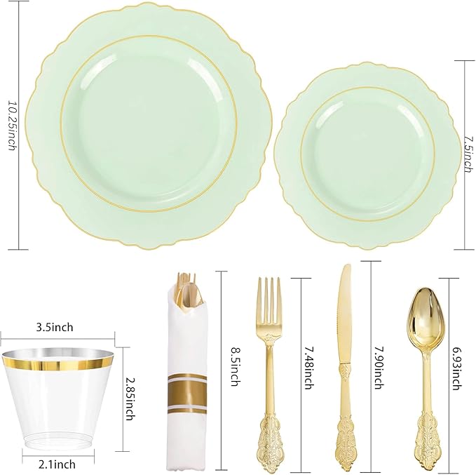 Liacere 350PCS Light Green Plates - Disposable Green and Gold Plastic Plates 50guest Baroque Dinnerware include 100Plates,50Pack Pre Rolled Napkins with Silverware 50Cups for Wedding ＆ Party & Spring