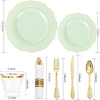 Liacere 350PCS Light Green Plates - Disposable Green and Gold Plastic Plates 50guest Baroque Dinnerware include 100Plates,50Pack Pre Rolled Napkins with Silverware 50Cups for Wedding ＆ Party & Spring