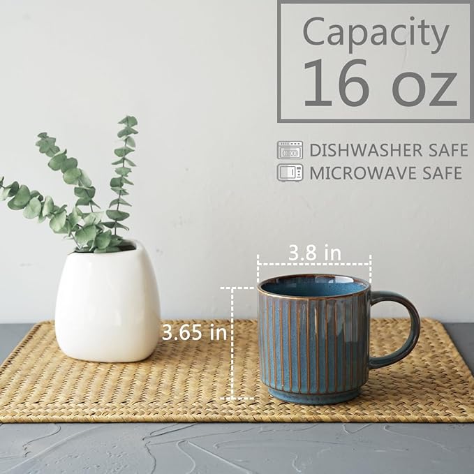 Bosmarlin Stackable Ceramic Coffee Mug Set of 4, 16 Oz, Coffee Cups, Microwave Safe, Unique Reactive Glaze (Teal, 16 Oz)