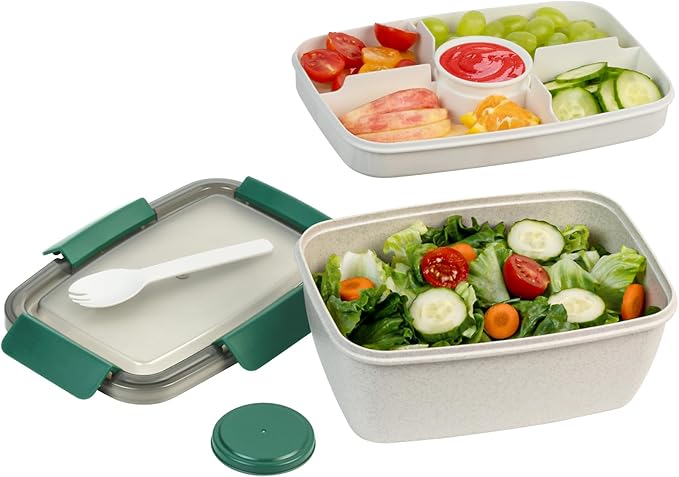 Freshmage Large Salad Container for Lunch, 2 Packs 68oz Salad Bowls with 5 Compartments, Salad Dressings Container for Salad Toppings, Snacks, Men, Women (Wheat straw white)