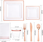 Festiva 350Pcs Rose Gold Plates and Napkins Party Supplies-Square White and Rose Gold Disposable Dinnerware include Plates Cups Cutlery Napkins for 50 Guests Wedding &Mother's Day&Birthday Party