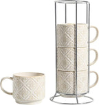 6 Oz Coffee Cups with Stand, Stackable Espresso Cups Set of 4, Ceramic Cappuccino Cup, Embossed Coffee Mugs for Latte, Cocoa, Mocha, Tea, Housewarming Wedding Present, Dishwasher Safe