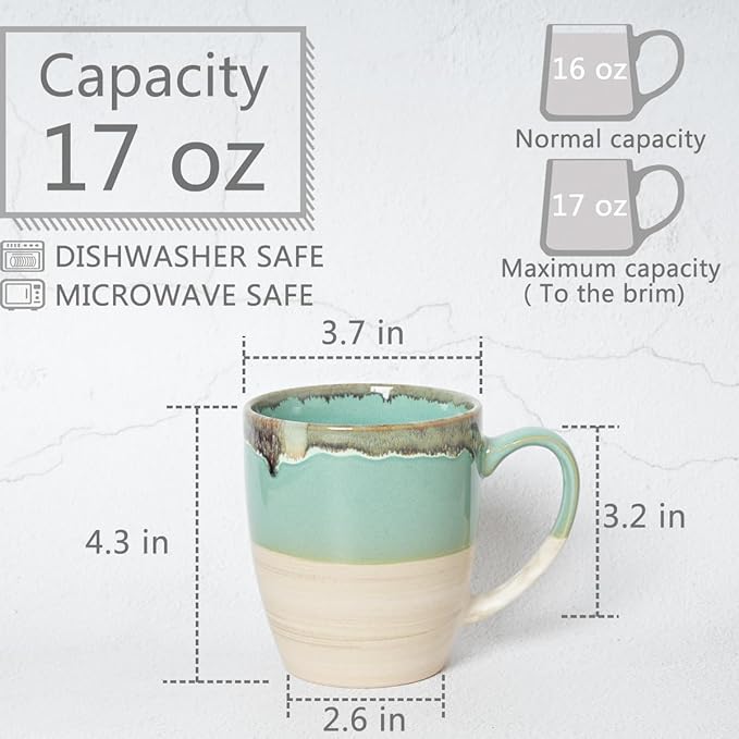Bosmarlin Ceramic Coffee Mug Set of 4, 17 Oz, 5 Colors to Choose, Tea Cups, Dishwasher and Microwave Safe, Reactive Glaze (Green)