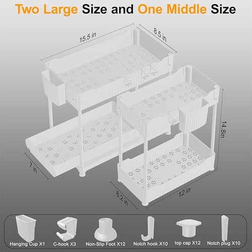 3 Pack Under Sink Organizers, 2-Tier Multi-Use Kitchen and Bathroom Organizers and Storage with Sliding Drawers, Bathroom Cabinet Organizer (White, 14.8 Inch)