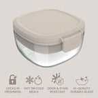 Bentgo Glass Salad Container - 7.6-Cup Salad Bowl with Airtight Lid, Leak-Proof Sauce Container, 4-Compartment Bento Tray & Reusable Fork - BPA-Free for Meal Prep, Office & More (White Stone Tan)