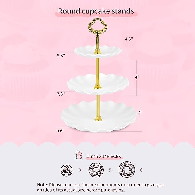 Pack of 10 NWK Cake Stand Set, with 3 x Two-Tier and 3 x Three-Tier Cupcake Stands, 4 x Appetizer Trays, 1 x Tablecloth for Birthday Bridal Baby Shower Party (Gold)
