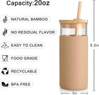 Tronco 20 oz Glass Tumbler with Lid and Straw, Iced Coffee Cup and Smoothie Cup with Bamboo Lids & Protective Silicone Sleeve, Dishwasher Safe, BPA-Free, Glass Cup 1 Pack