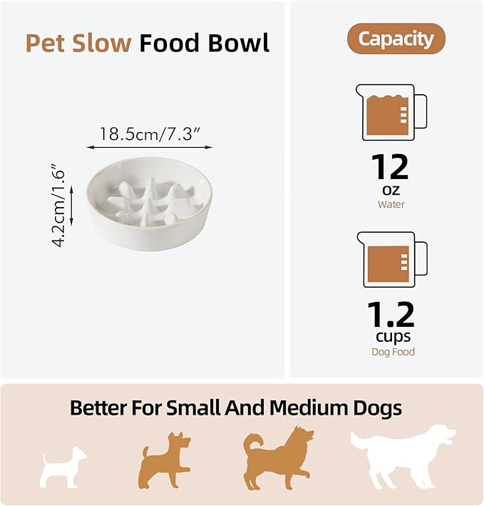 Havniva Ceramic 1.2 Cup Dog Bowl Slow Feeder, 7.3 inch Slow Pet Food Dish for Medium and Small Dog, Stop Bloat, Preventing Choking(Single Bowl, Reactived Glaze -White)