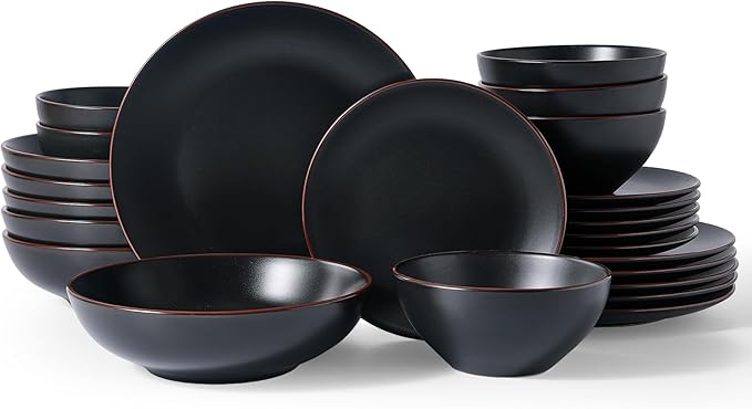 Famiware Venus Stoneware Dinnerware Sets with Trim, 24-Piece Modern Dishes Set for 6, Matte Black - Includes Pasta Bowls & Dinner Plates for Everyday Meals & Formal Dining, Microwave & Dishwasher Safe