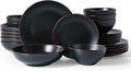Famiware Venus Stoneware Dinnerware Sets with Trim, 24-Piece Modern Dishes Set for 6, Matte Black - Includes Pasta Bowls & Dinner Plates for Everyday Meals & Formal Dining, Microwave & Dishwasher Safe