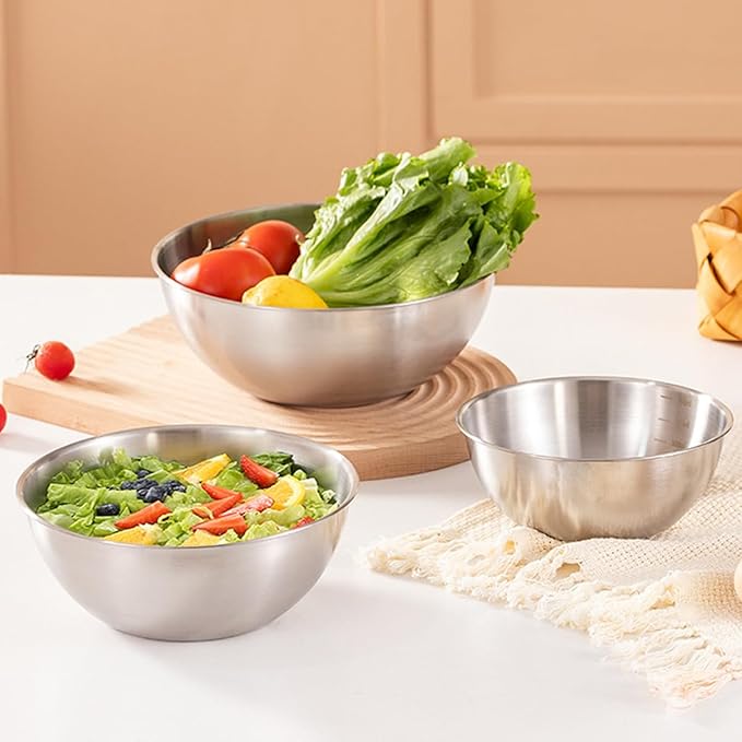 Stainless Steel Salad Bowls Set of 2 Mixing Bowl with Measurement Markings Snacks Bowls, 3.17 Quart Serving Bowls for Mixing, Cooking, Baking, Prepping and Home Kitchen Food Storage Bowls