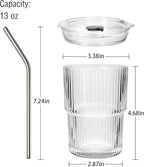 6 Pack 13oz Ribbed Glass Tumbler with Lid and Straw, Iced Coffee Cup Set, Boba Aesthetic Drinking Mug, Coffee Glasses for Matcha Smoothie Juice Tea Latte Cappuccino Cocktail