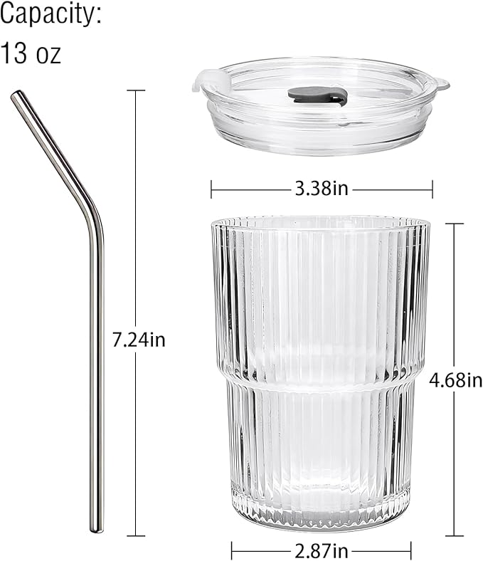 6 Pack 13oz Ribbed Glass Tumbler with Lid and Straw, Iced Coffee Cup Set, Boba Aesthetic Drinking Mug, Coffee Glasses for Matcha Smoothie Juice Tea Latte Cappuccino Cocktail