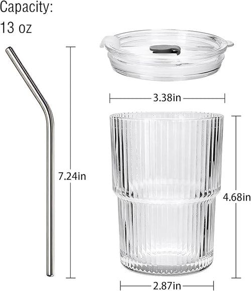 6 Pack 13oz Ribbed Glass Tumbler with Lid and Straw, Iced Coffee Cup Set, Boba Aesthetic Drinking Mug, Coffee Glasses for Matcha Smoothie Juice Tea Latte Cappuccino Cocktail