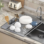 Roll Up Dish Drying Rack Over Sink, 20" X 15.2" Foldable SUS304 Stainless Steel Kitchen Dish Drainer, Heat-Resistant Multipurpose Rolling Sink Rack Organizer, Grey