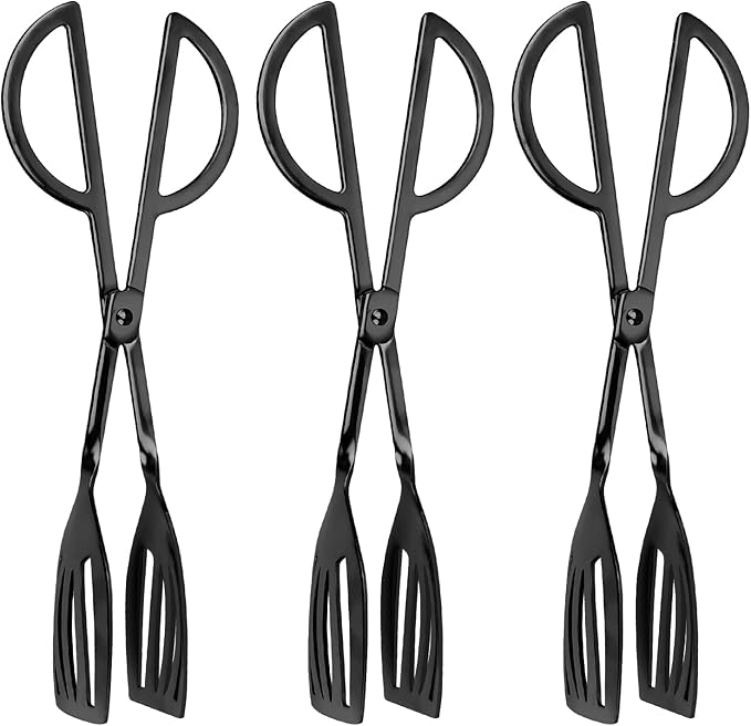 3PCS 9.8-Inch Stainless Steel Salad Tongs for Serving Heavy Duty Serving Tongs for Home Parties, Weddings, Buffets, Barbecues, Kitchen Utensils for Cake, Steak, Salad and More (3, Black)