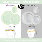 Liacere 350PCS Light Green Plates - Disposable Green and Gold Plastic Plates 50guest Baroque Dinnerware include 100Plates,50Pack Pre Rolled Napkins with Silverware 50Cups for Wedding ＆ Party & Spring
