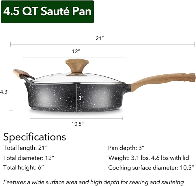 Deep Nonstick Frying Pan with Lid, 4.5 QT Swiss Granite Coating Sauté Pan, 12 Inch Healthy Non Stick Skillet Cooking Pan and Helper Handle with Silicone Cover, PFOA Free, Induction Ready.