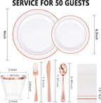 GATHER 350PCS Rose Gold Plastic Plates - Disposable Rose Gold Dinnerware Sets Includes 100 Gold Rimmed Plastic Plates, 150 Silverware, 50 Napkins, 50 Cups for Party, Wedding, Mother's Day
