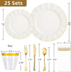 175PCS Gold and Ivory Plastic Dinnerware Set, Plastic Party Plates for 25 Guests, 50 Disposable Plates, 25 Heavy Duty Silverware, 25 Cups, 25 Napkins for Party and Wedding