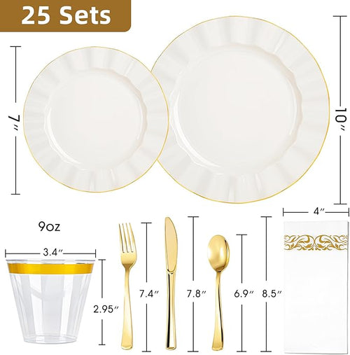 175PCS Gold and Ivory Plastic Dinnerware Set, Plastic Party Plates for 25 Guests, 50 Disposable Plates, 25 Heavy Duty Silverware, 25 Cups, 25 Napkins for Party and Wedding