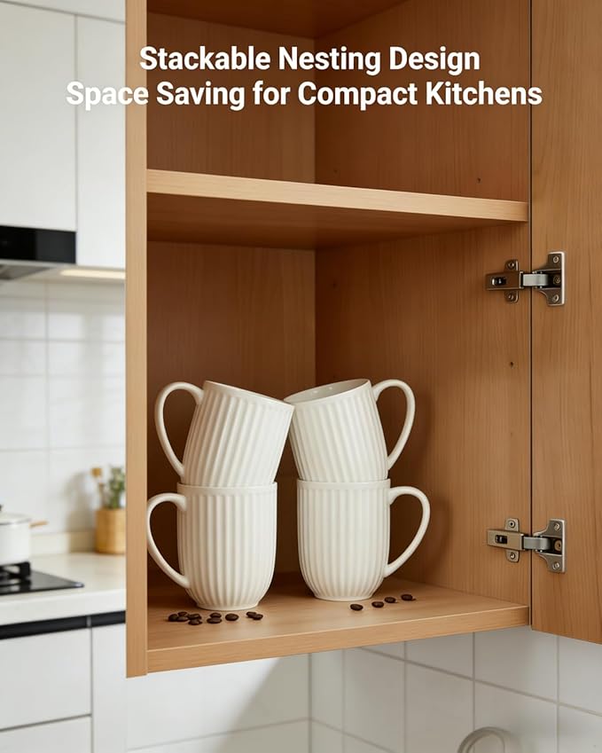 HASENSE Textured Coffee Mugs Set of 4, 16 Oz Ribbed Ceramic Cups with Large Handle for Latte Tea Cappuccino, Stackable Embossed Mug Set for Mom Dad, Microwave Dishwasher Safe, Creamy White