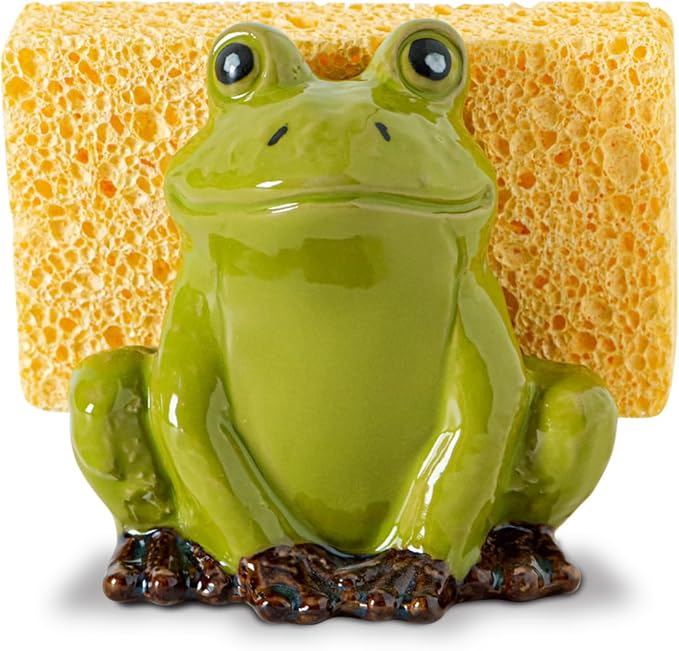 dgudgu Frog Sponge Holder for Kitchen Sink Cute Kitchen Sponge Holder Ceramic Kitchen Sink Sponge Holder Durable Sink Scrubber Holder
