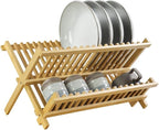 KKTONER Bamboo Dish Drying Rack 2 Tier Foldable Plate Organizer Collapsible Plate Organizer Holder for Kitchen Countertop (Natural)